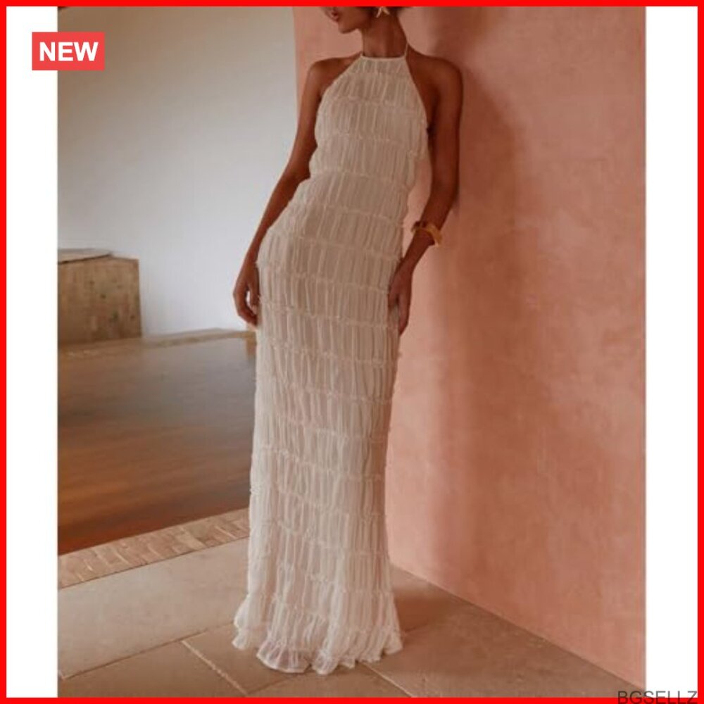 Polyester Textured Halter Backless Maxi Dress For… - image 3